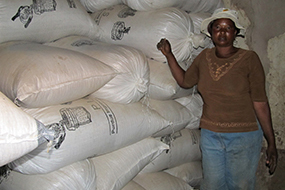 Woman storing cowpea for sale